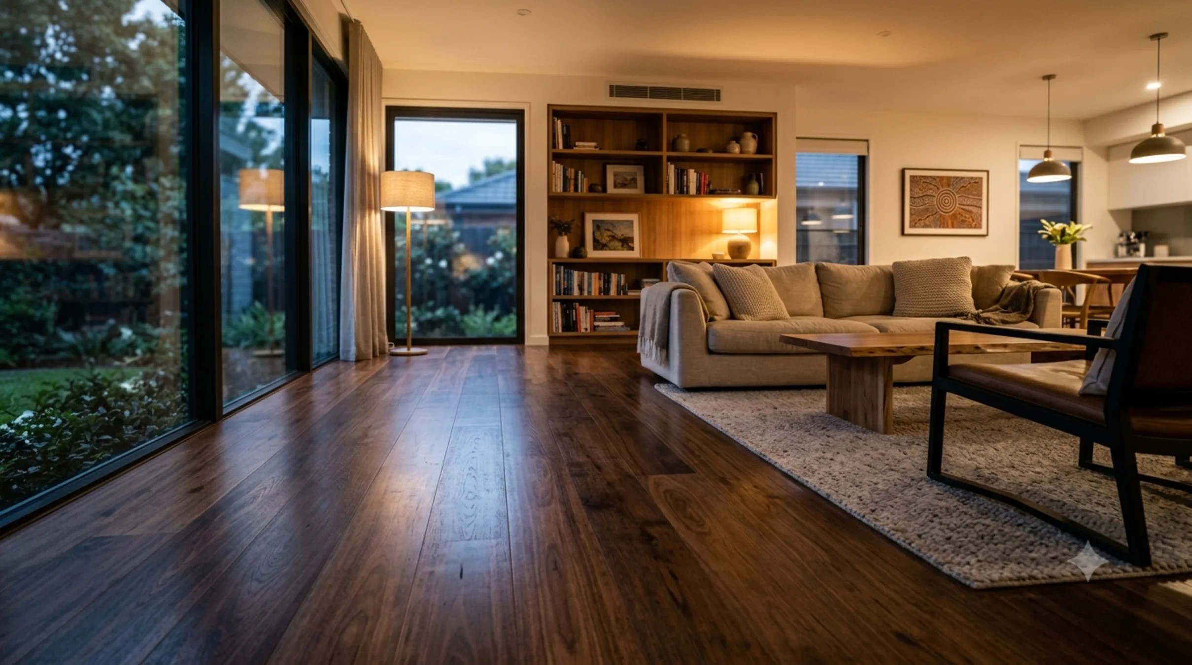 A warm timber-look floor running through a bright open-plan living room