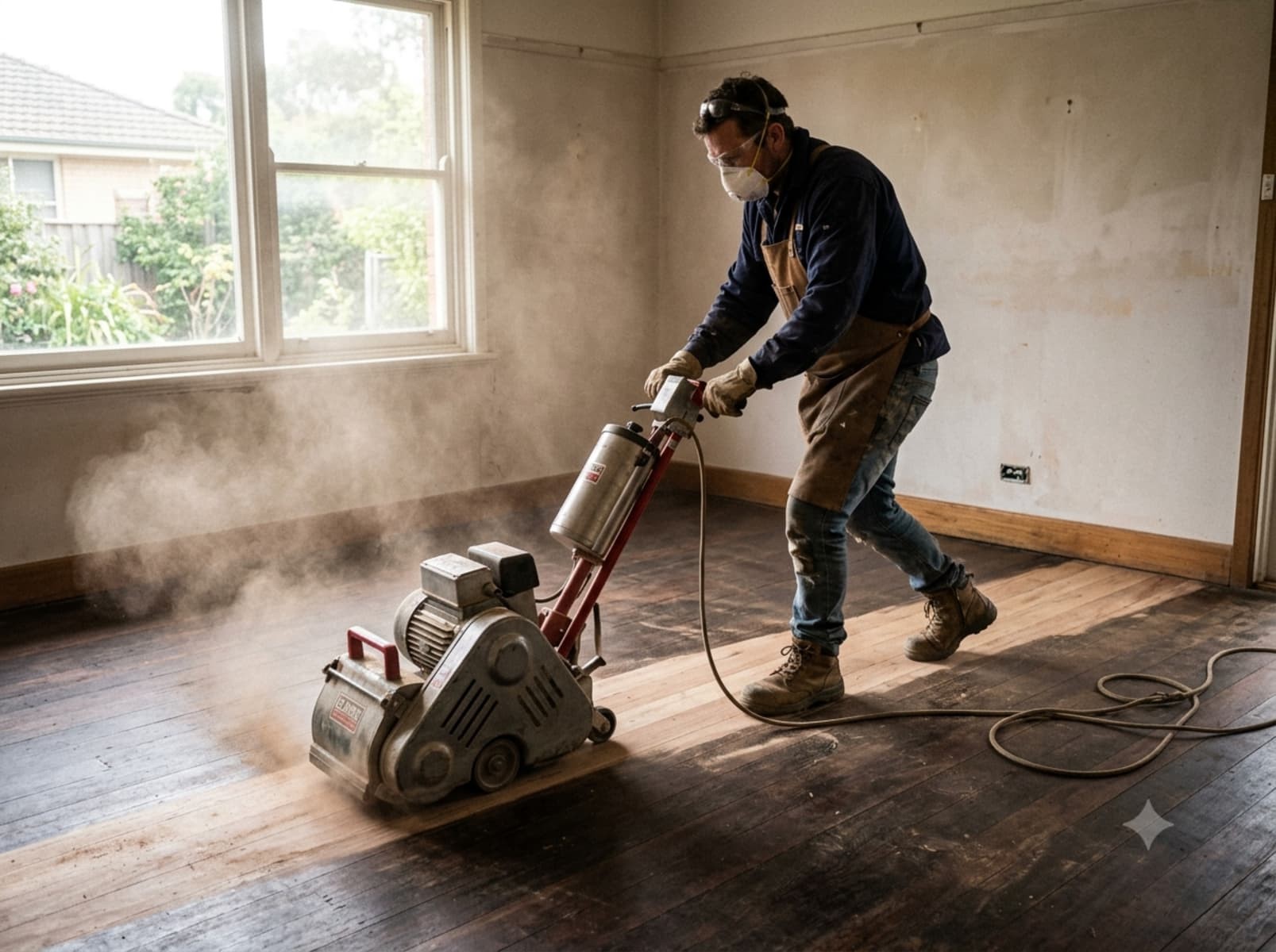 Timber floor sanding and polishing work in progress